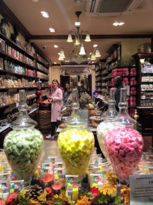 Candies and Belgian chocolate in a storefront window in Brussels, Belgium